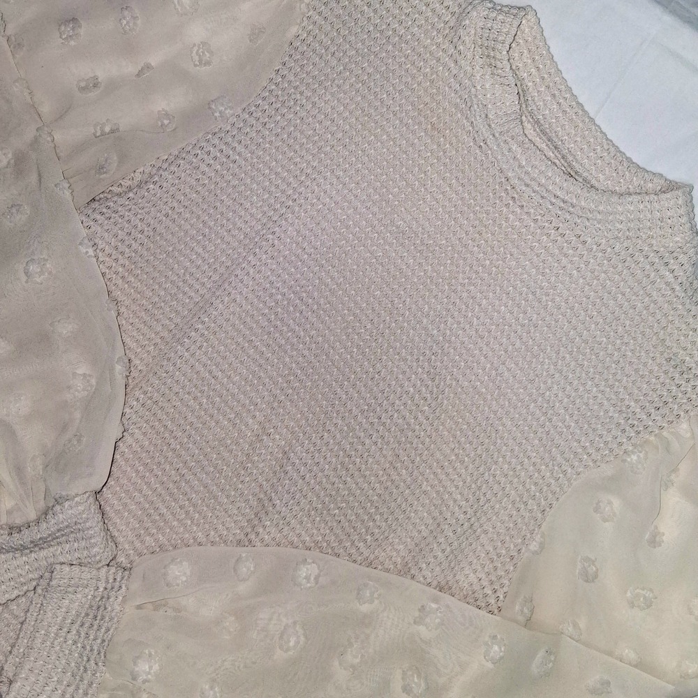 Shein Women's Ivory Cream Waffle‎ Knit Sheer Swiss Dot Sleeves Top Size M Medium